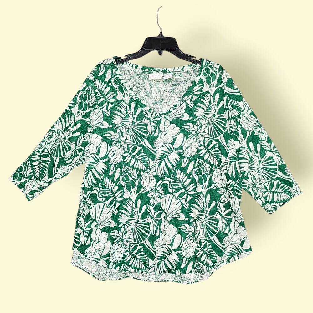 Nicole Miller New York Tropical Linen Blouse Top Green White VNeck 3/4 Sleeve 1X